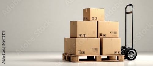 A stack of cardboard boxes on a pallet with a hand truck, ready for shipping or delivery in a warehouse setting.