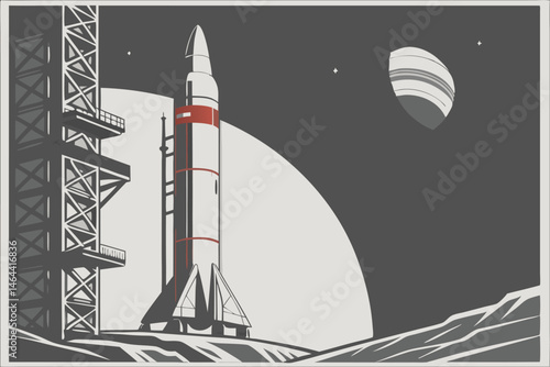 86 Space rocket, futuristic spacecraft, Earth orbit, sleek white design, red stripe detail, launch pad, dark background, planet Earth visible, curved horizon, realistic render, detailed texture, drama