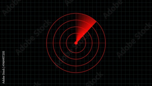 Red radar screen displaying scanning signals against a black grid background representing monitoring detection and data tracking imagery