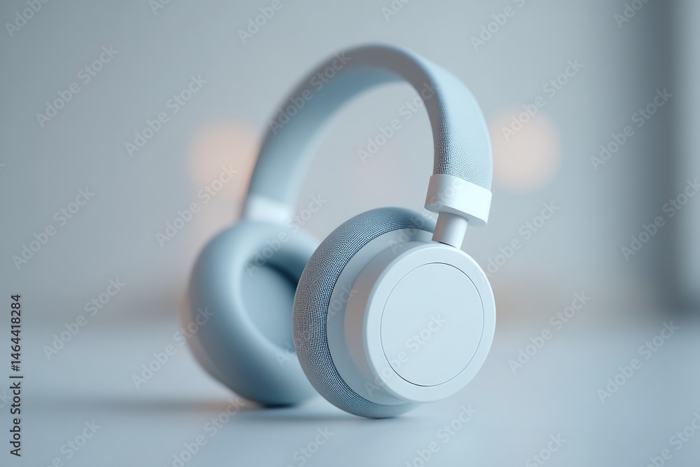 close-up of sleek modern headset lying on minimalist white desk close-up of sleek modern headset lying on minimalist white desk