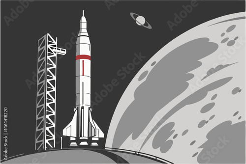 86 Space rocket, futuristic spacecraft, Earth orbit, sleek white design, red stripe detail, launch pad, dark background, planet Earth visible, curved horizon, realistic render, detailed texture, drama