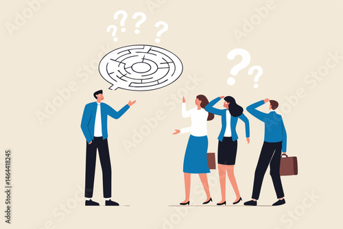 Ramble, confused explanation or bad communication skill, confusion dialogue problem, unclear message concept, irritate businessman boss explain confused labyrinth maze speech bubble to team members.