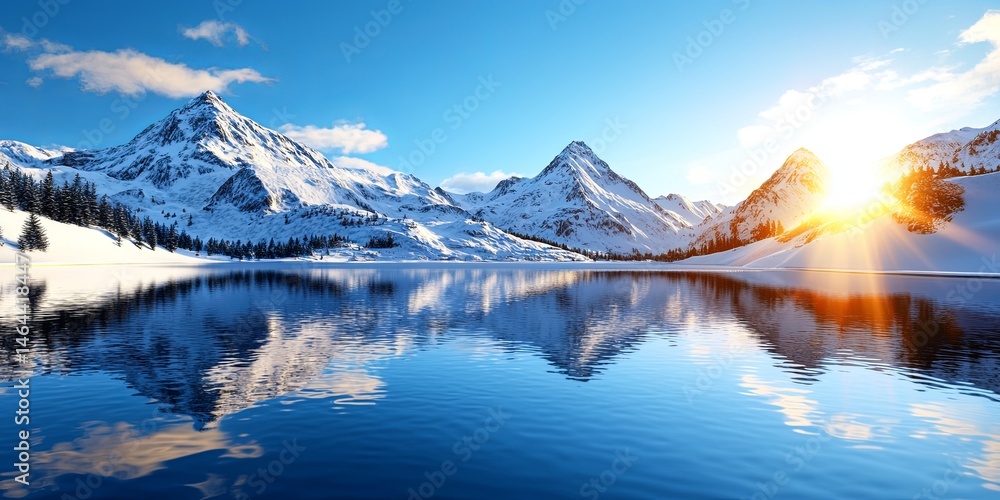 Fototapeta premium Vast Winter Landscape with Snow-Capped Mountains, Glimmering Lake, and Clear Blue Sky Reflecting Soft Sunlight in a Tranquil Nature Scene