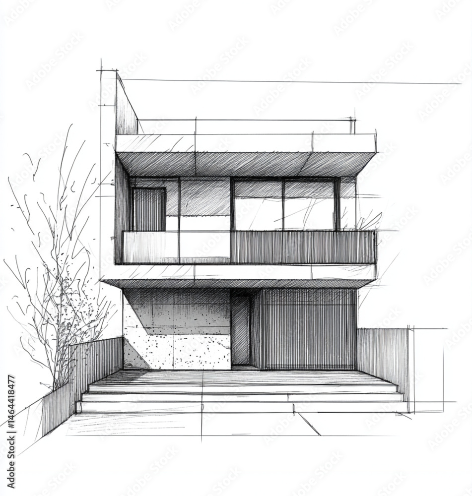 minimalist architectural facade, 2D front elevation, hand-drawn style, black and white ink illustration, clean lines, no shading, modern design, blank background, architectural sketch aesthetics