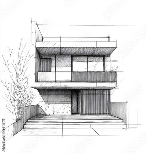Obraz na płótnie minimalist architectural facade, 2D front elevation, hand-drawn style, black and white ink illustration, clean lines, no shading, modern design, blank background, architectural sketch aesthetics w salonie