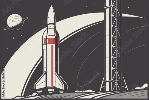 86 Space rocket, futuristic spacecraft, Earth orbit, sleek white design, red stripe detail, launch pad, dark background, planet Earth visible, curved horizon, realistic render, detailed texture, drama