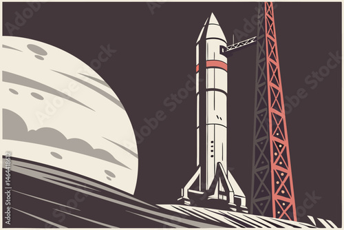 86 Space rocket, futuristic spacecraft, Earth orbit, sleek white design, red stripe detail, launch pad, dark background, planet Earth visible, curved horizon, realistic render, detailed texture, drama