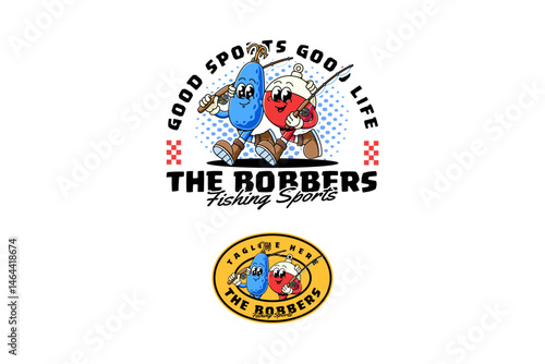 bobber float and tackle spinner fishing sport retro cartoon character mascot illustration with walking pose, holding fishing rod pole for fisherman, angling, fishing sport mascots and merchandise