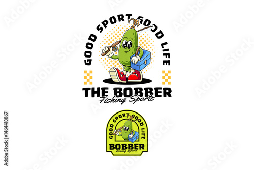 tackle spinner lure bait fishing sport retro cartoon character mascot illustration with walking pose, holding fishing rod and box for fisherman, angling and fishing sport club mascots and merchandise