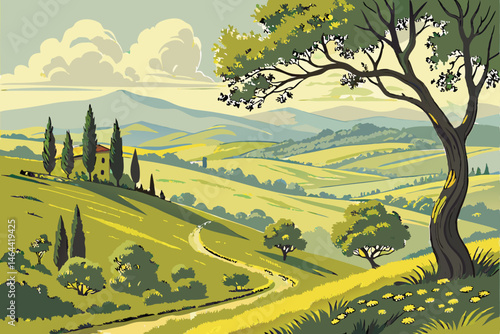 87 Serene Tuscan landscape, rolling green hills, cypress trees, distant mountains, misty valleys, lush meadows, vibrant spring colors, fluffy white clouds, clear blue sky, peaceful countryside, idylli