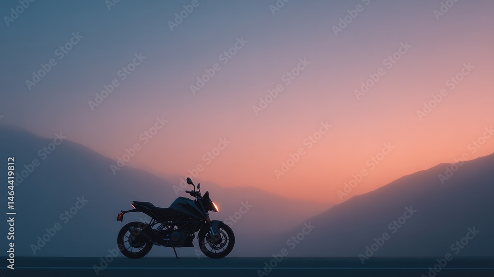 Obraz premium lone motorcycle stands on empty road shrouded in early morning mist offering minimalistic view