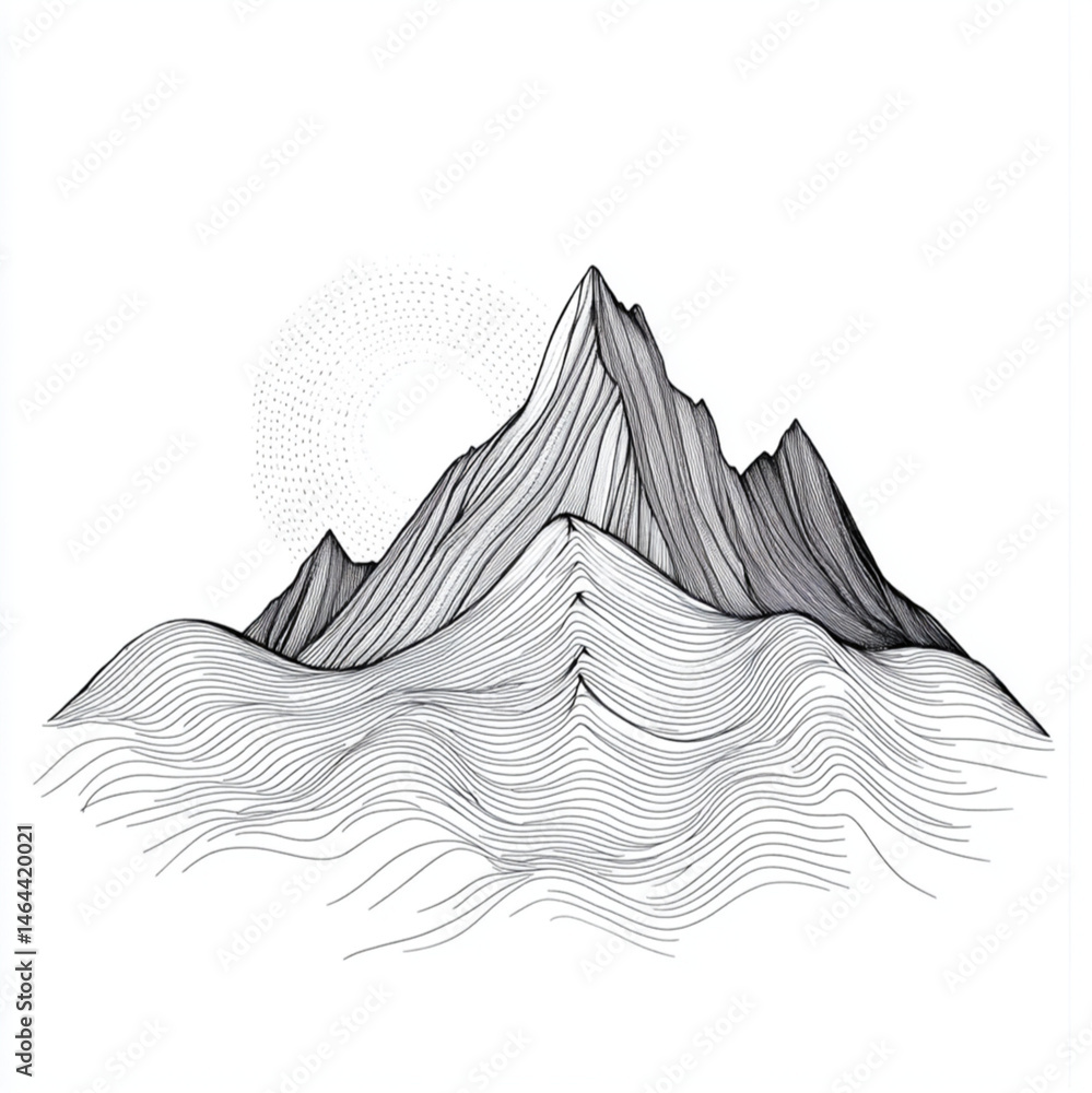 drawing of a mountain with fine lines and light shading for a feminine result in black and white on a white background for a tattoo project