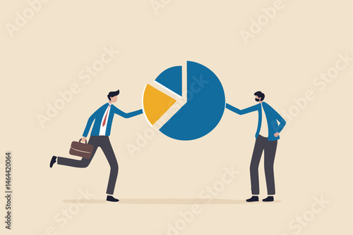 Company shareholder, investor or owner who hold percentage or company share assets, market distribution concept, businessman people holding part of pie chart metaphor of holding stock share.