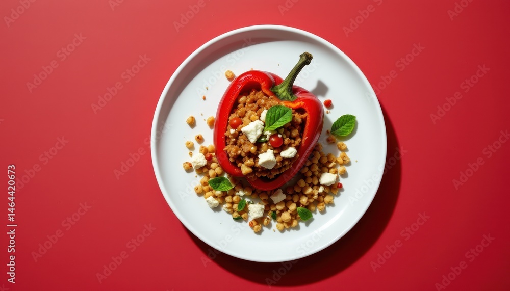 minimalist food photography of a stuffed peppers on a white plate, quinoa with feta, soft red background, natural daylight minimalist food photography of a stuffed peppers on a white plate, quinoa with feta, soft red background, natural daylight