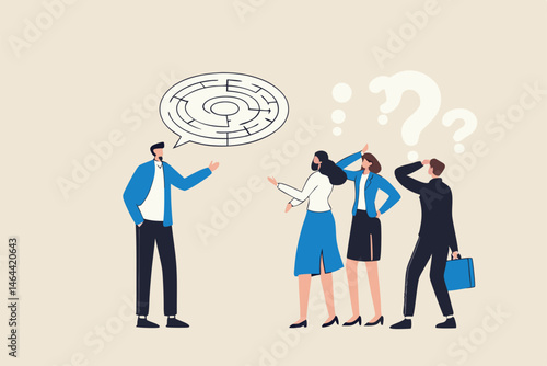 Ramble, confused explanation or bad communication skill, confusion dialogue problem, unclear message concept, irritate businessman boss explain confused labyrinth maze speech bubble to team members.