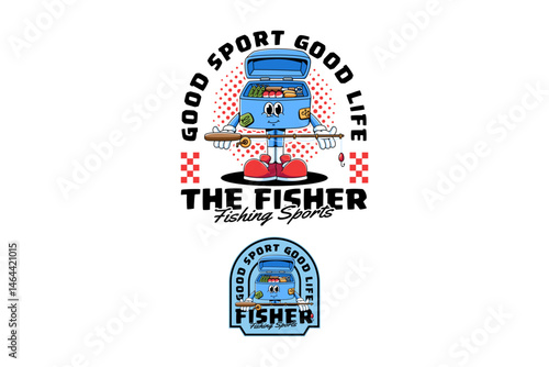 box storage containing fishing equipment retro cartoon character mascot illustration with standing pose and handing out a fishing rod for fisherman and fishing sport club mascots and merchandise