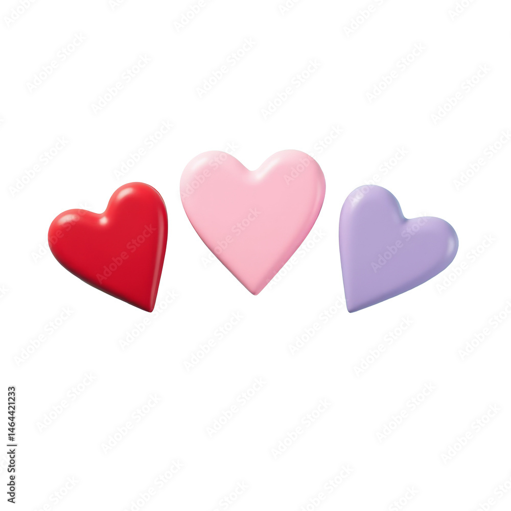 Three Hearts—Crimson, Pastel Pink, and Lavender—Arranged in a Ripple Pattern on a Muted Aqua Background Three Hearts—Crimson, Pastel Pink, and Lavender—Arranged in a Ripple Pattern on a Muted Aqua Background