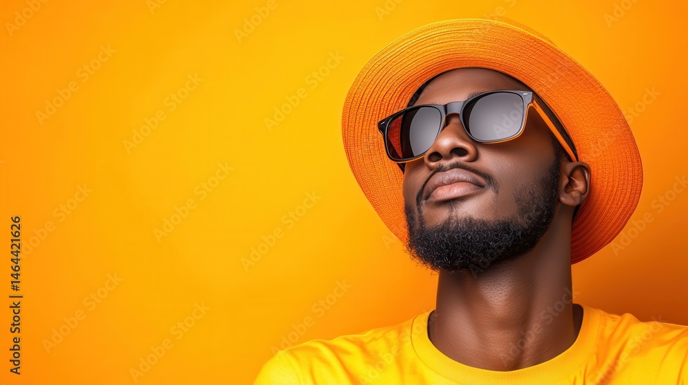 A fashionable man wearing sunglasses and an orange hat gazes upwards against a bright orange background, capturing a moment of cool confidence and style. A fashionable man wearing sunglasses and an orange hat gazes upwards against a bright orange background, capturing a moment of cool confidence and style.