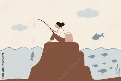 Fail to see opportunity, uninspired employee stuck to find creativity, motivation, corporate success or challenge, bored woman blindly sit and fishing at wrong place while ignore success opportunity.