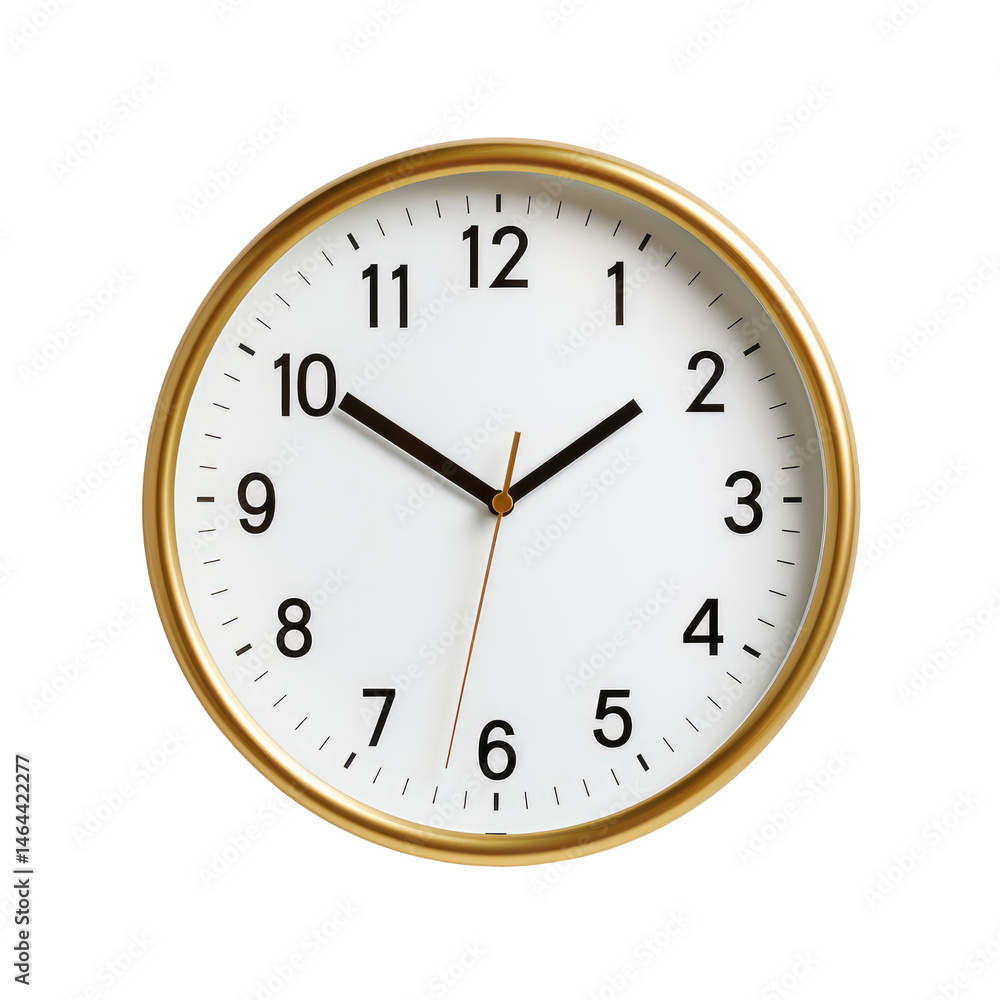 Wall Clock with Bold Golden Frame Isolated on White Background Wall Clock with Bold Golden Frame Isolated on White Background