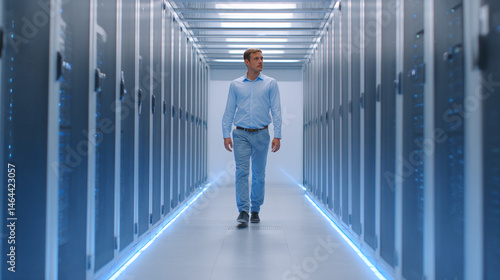 IT Professional Walking Through a Modern Data Center