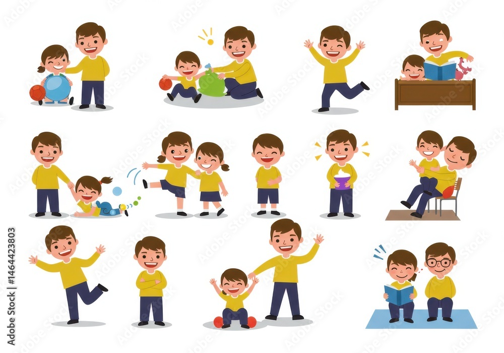 Illustrations showing a father and daughter in various activities and expressions on a white background Illustrations showing a father and daughter in various activities and expressions on a white background