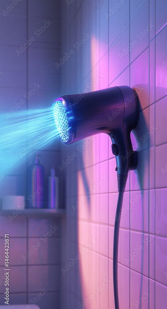 a scene in a bright home bathroom, showing a powerful hair dryer blowing hot air. The hot air is visible as heat waves or airflow lines coming from the dryer, emphasizing the strong heat,bright color