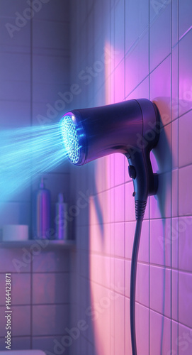 Obraz na płótnie a scene in a bright home bathroom, showing a powerful hair dryer blowing hot air. The hot air is visible as heat waves or airflow lines coming from the dryer, emphasizing the strong heat,bright color w salonie