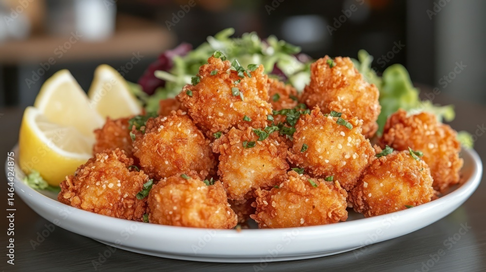 Crispy, golden-brown bites atop a bed of greens, lemon slices Crispy, golden-brown bites atop a bed of greens, lemon slices