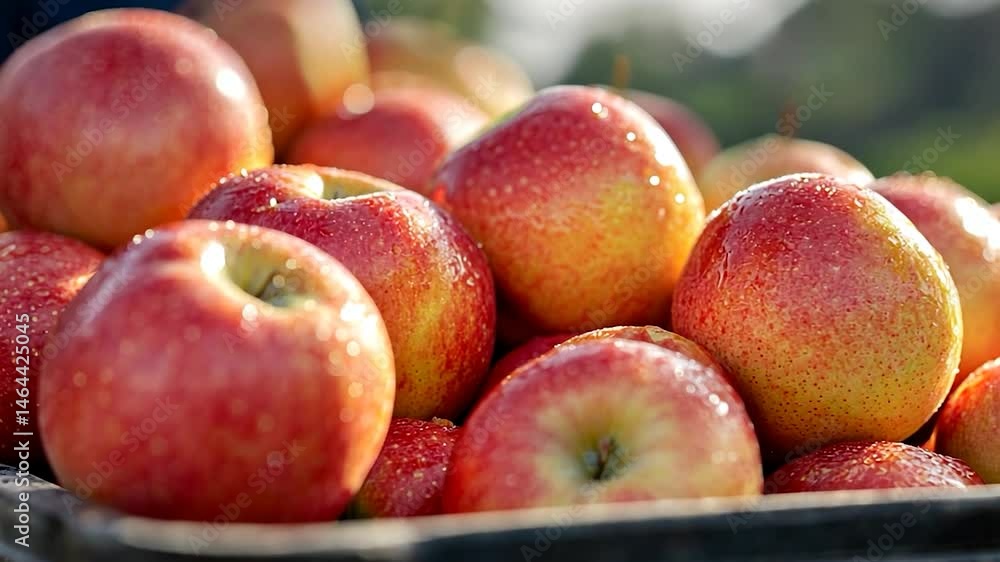 Close-up view of a pile of ripe red apples with water droplets, suggesting freshness and harvest. The apples are brightly lit, and the background is blurred Close-up view of a pile of ripe red apples with water droplets, suggesting freshness and harvest. The apples are brightly lit, and the background is blurred