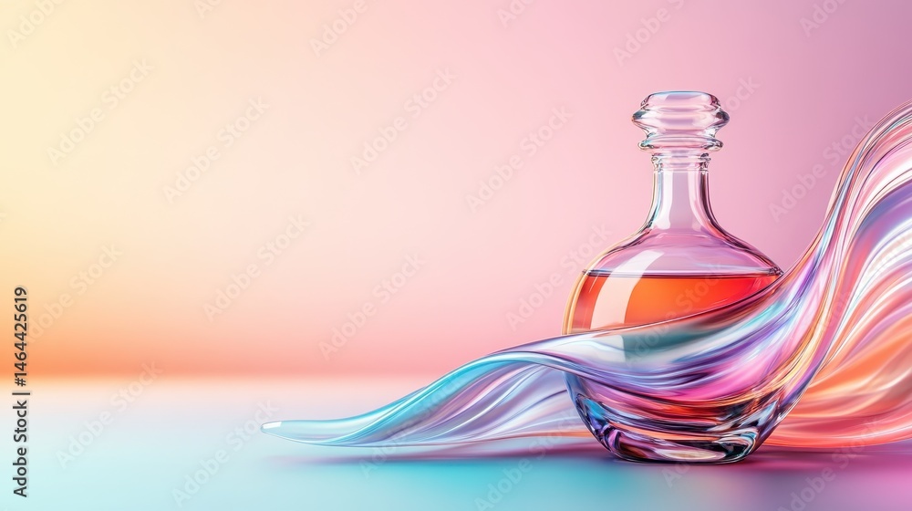 A beautifully crafted glass bottle surrounded by smooth, flowing colors that create a serene atmosphere, capturing elegance and artistic innovation in one frame. A beautifully crafted glass bottle surrounded by smooth, flowing colors that create a serene atmosphere, capturing elegance and artistic innovation in one frame.