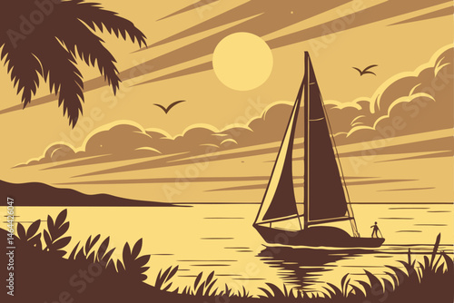 89 Sailboat at sunset, golden hour on calm sea, silhouette of yacht, dramatic sky, sun reflecting on water, peaceful ocean scene, photorealistic, high detail, warm color palette, serene atmosphere, ci
