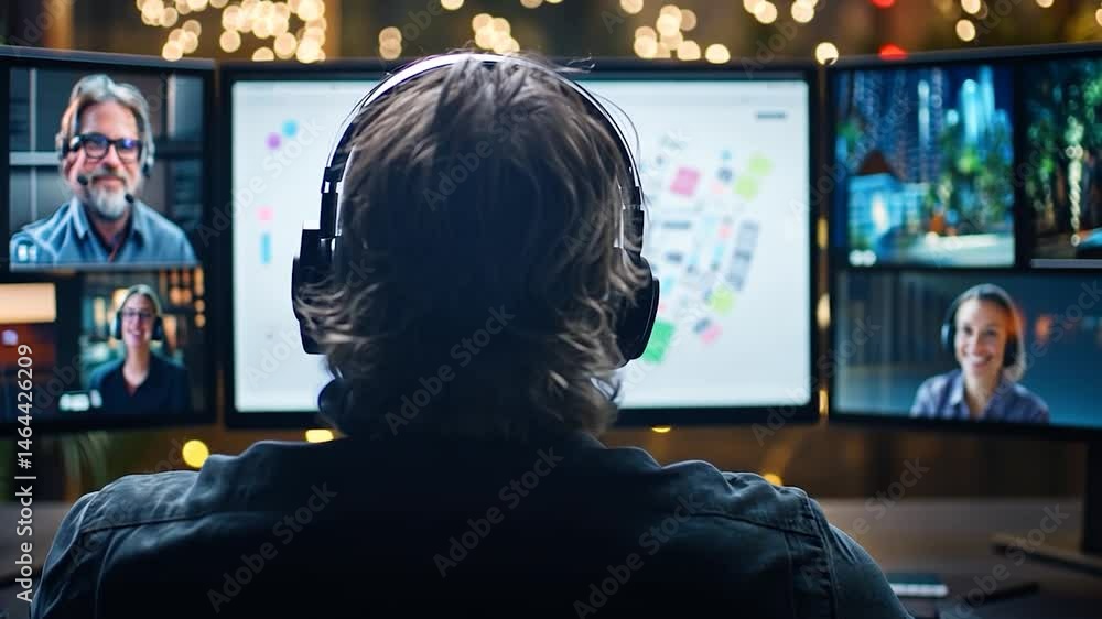 A person sits in a dark room in front of multiple monitors displaying video conference participants and project details. Warm lighting accentuates the scene A person sits in a dark room in front of multiple monitors displaying video conference participants and project details. Warm lighting accentuates the scene