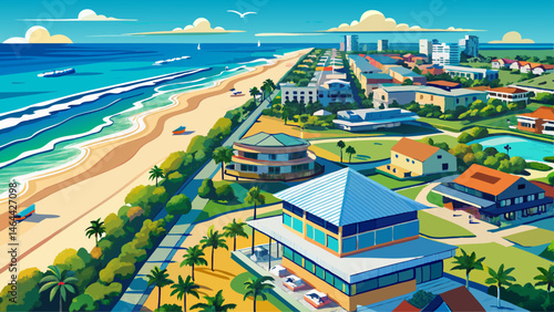  Very beautiful Venice beach Florida near Sarasota and Fort Myers. Panorama of Florida city. Flying on drone over Venice beach FL. Gulf of Mexico beach. Summer vacation. View on Residential house, Hot