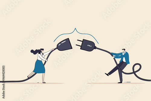 Disconnected business, broken communication, 404 or disconnect from social media distraction or monitor screen, young man and young adult woman pull electric socket plug to disconnect from internet.
