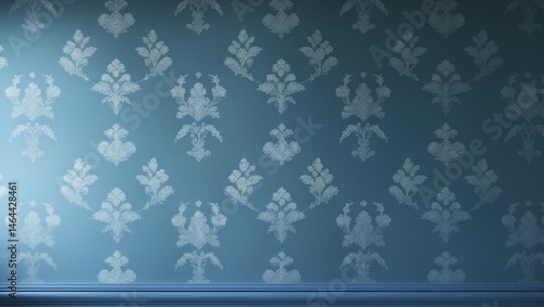 Blue vintage seamless pattern with snowflakes and floral damask ornament