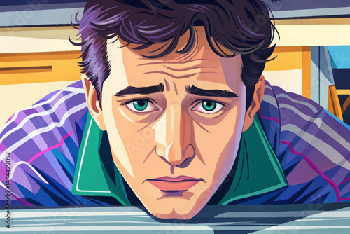 Close-up portrait of man with a sad expression, capturing feelings of sorrow, reflection, or emotional struggle. Ideal for mental health, empathy, and human emotion vector
