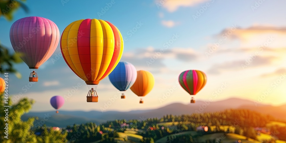 Obraz premium Serene Landscape with Colorful Hot Air Balloons Floating Above Gentle Hills Under Soft Pastel Sky in Dreamy Atmosphere