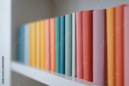 capture close-up of well-organized bookstore shelf showcasing row of colorful book spines