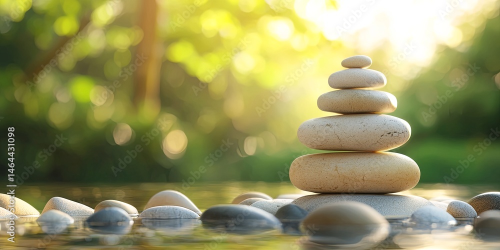 Obraz premium Tranquil Stone Tower on Riverbank with Smooth Pebbles and Gentle Flowing Water in a Serene Natural Landscape Under Soft Light
