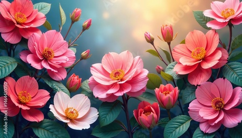 Continuous blooming flowers, interwoven leaves, curve, background