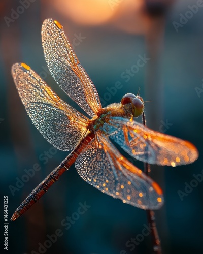 Close-up macro of a dewy dragonfly with transparent wings glistening in the warm sunrise light against a colorful bokeh background