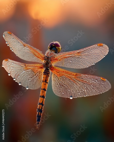 Wallpaper Mural Close-up macro of a dewy dragonfly with transparent wings glistening in the warm sunrise light against a colorful bokeh background Torontodigital.ca