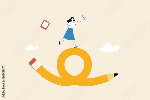 Flexible work, remote work anywhere anytime, employee choice to choose time and location for productivity and creativity concept, cheerful woman enjoy working with computer laptop on flex bent pencil.