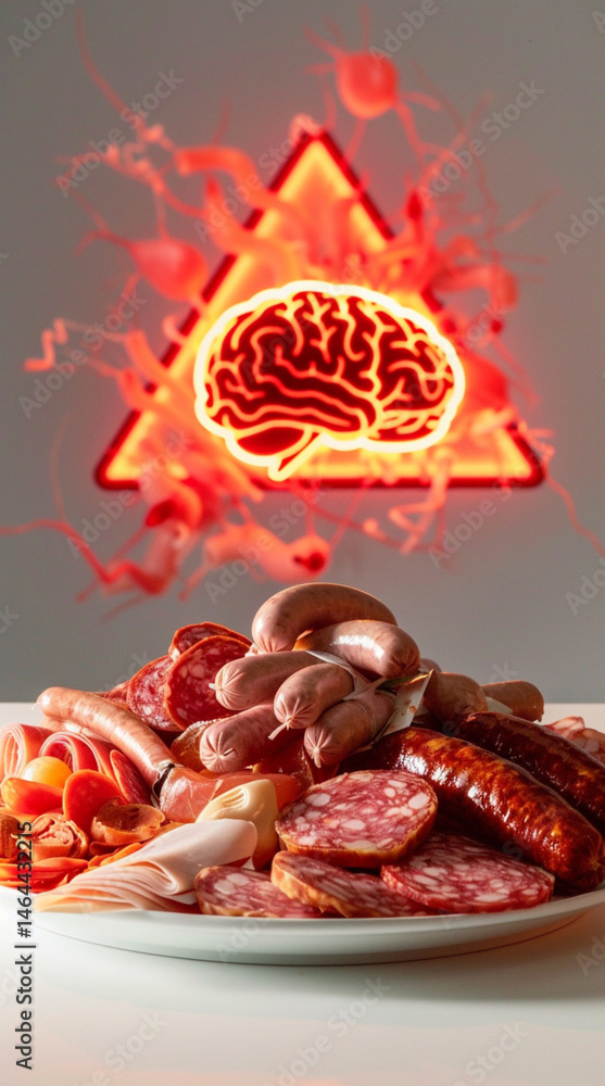 A photo-realistic plate full of processed meats including sausages, ham, and salami on a table with sterile white background. A bold red triangle warning icon above.