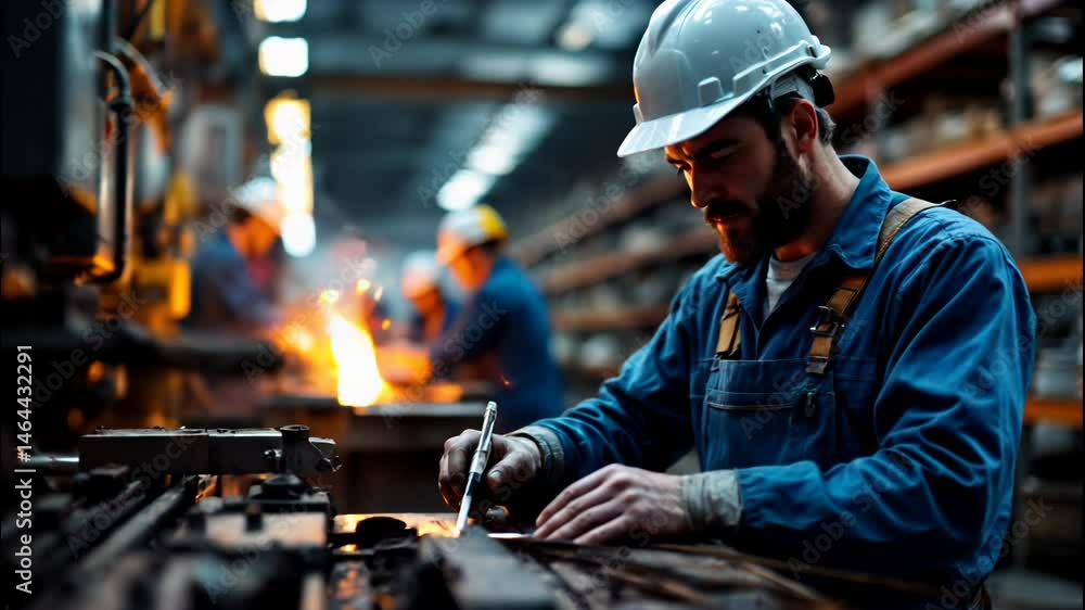 Welder working on metal with welding machine. Man in hard hat creating sparks. Industrial production and heavy industry. Manufacture and engineering occupation concept. Welder working on metal with welding machine. Man in hard hat creating sparks. Industrial production and heavy industry. Manufacture and engineering occupation concept.