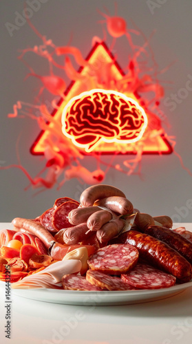 A photo-realistic plate full of processed meats including sausages, ham, and salami on a table with sterile white background. A bold red triangle warning icon above.