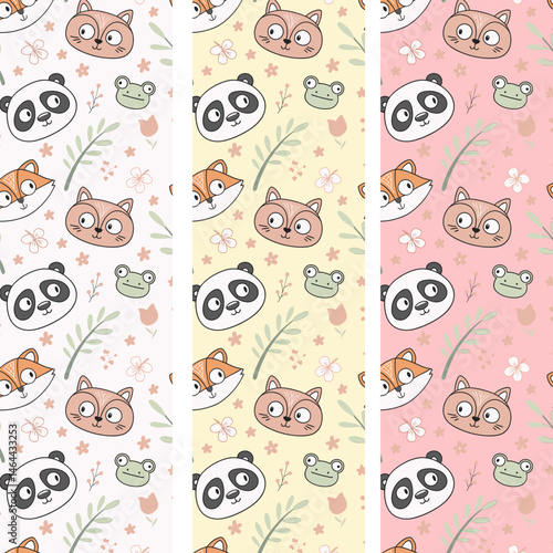 Cute watercolor colorful animals seamless pattern background with hand drawn doodle vector green frog, orange fox, panda, brown teddy bear, grey kitten, pink bunny
