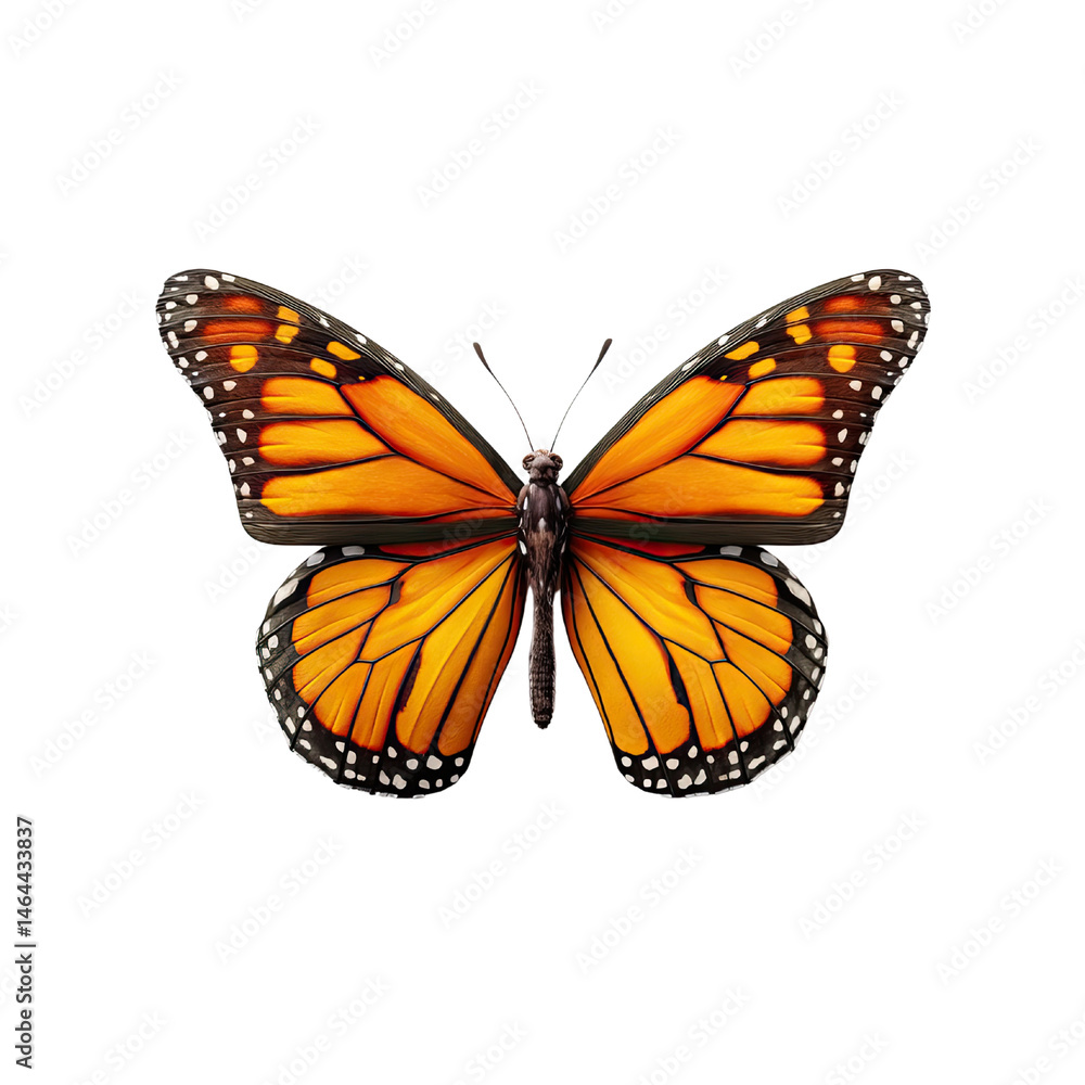 Fototapeta premium A beautifully detailed monarch butterfly with vibrant orange and black wings is showcased against a stark white background in this stunning wildlife photograph.