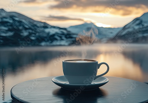 Morning coffee by the lake, serene mountain backdrop